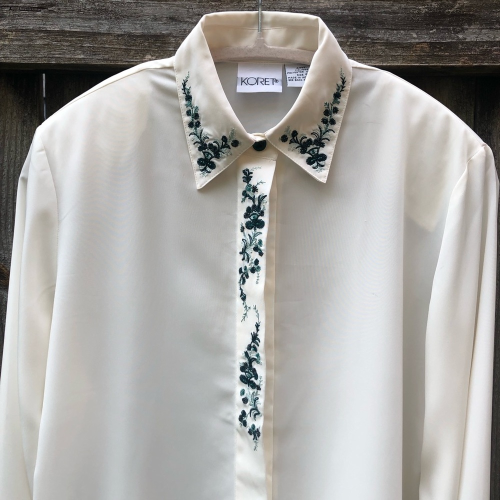 Vintage Embroidered Beaded Button Down Top Koret White Green Fairy Sheer